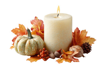 White candle small pumpkin autumn leaves acorn pine cone orange berries cozy seasonal fall decoration