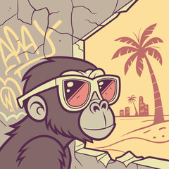 Minimilist ape with sunglasses looking out of a broken wall at a beach with palm trees and a city skyline view vector