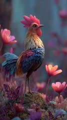 Fototapeta premium Colorful Rooster in a Dreamlike Floral Fantasy Setting