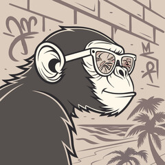 Minimilist ape with sunglasses standing in front of a beach with palm trees and graffiti on a brick wall vector