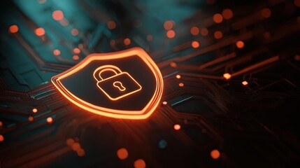 Digital Security Concept with Lock Symbol on Abstract Circuit Board Background