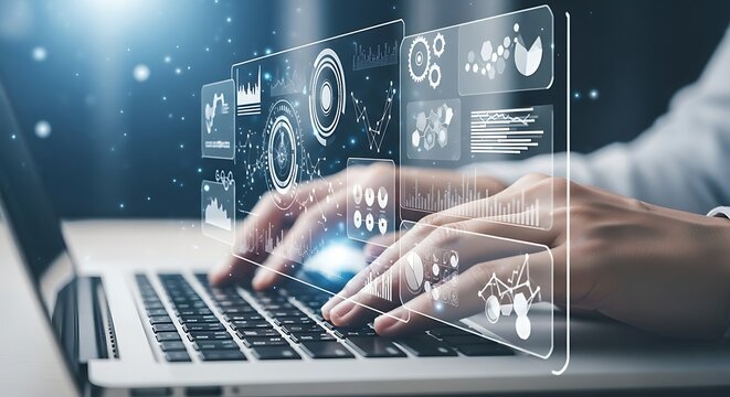 Hands typing on laptop with futuristic holographic data interface technology analytics