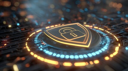 Digital shield with padlock icon representing cybersecurity and data protection in a high-tech network environment