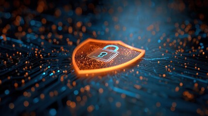 Digital security shield with lock symbol glowing in futuristic data network background, representing cybersecurity and protection