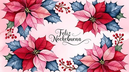 Feliz nochebuena poinsettia wreath with red poinsettias, holly berries and silver leaves, watercolor floral frame surrounding central greeting, elegant christmas card and seasonal banner artwork