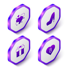Set Isometric Heart, Woman shoe, Gift box and heart and with 8 March icon. Purple hexagon button. Vector