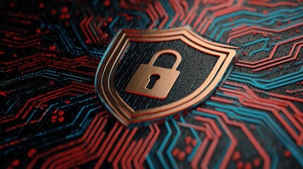 Digital security shield design with intricate circuit patterns and padlock symbolizing cybersecurity and data protection concepts