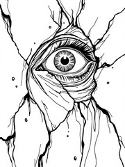 Minimilist illustration of a detailed eye breaking through a cracked surface in black and white ink drawing style vector