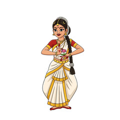 Obraz premium Cartoon illustration of a woman in traditional Indian Bharatanatyam dance attire, holding a lotus flower in a graceful pose.