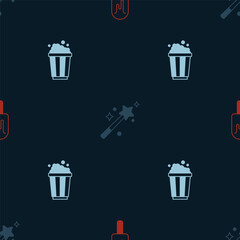 Set Ice cream, Magic wand and Popcorn in cardboard box on seamless pattern. Vector