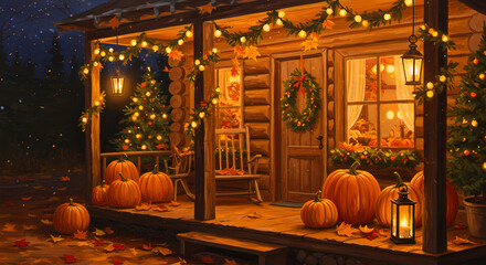 Cozy porch decorated with pumpkins and lights for autumn evening