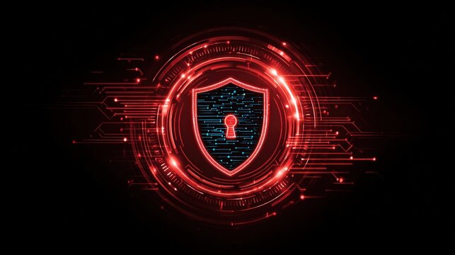 Digital shield with glowing keyhole and abstract tech background representing cybersecurity and data protection concepts