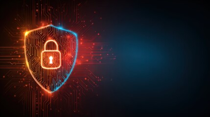 Digital security shield with lock symbol and glowing circuit lines on dark background for technology and protection concepts