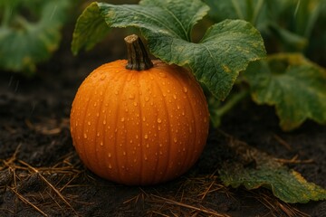 Fresh Organic Pumpkin Growing in Wet Soil Under Green Leaves
