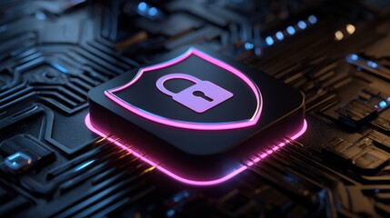 Stylish digital padlock on glossy circuit board background with vibrant neon glow representing cybersecurity and data protection