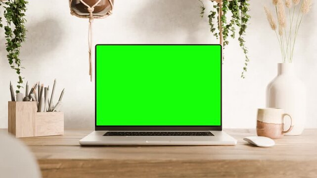 Laptop with green screen on wooden desk in boho rustic style workspace with plants &ndash; smooth front zoom in animation to static. Includes chroma key, luma matte, and tracking screen clip.