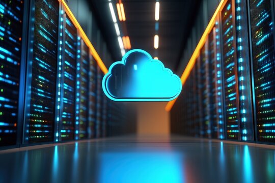 Futuristic cloud computing data center with glowing blue neon cloud icon above server racks for IT infrastructure, AI storage systems, and digital technology presentations