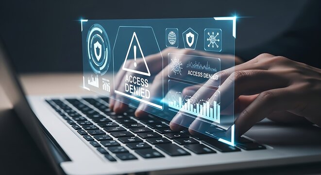 Laptop user sees access denied message on digital security interface with graphs typing keyboard