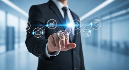 Man in suit touching digital interface with interconnected business icons technology
