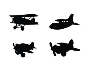 Collection of four black silhouette illustrations of different airplane types including biplanes and modern jets on a white background