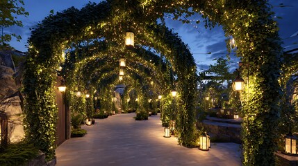 Enchanting garden pergola illuminated with fairy lights and lanterns at twilight for outdoor decor ideas