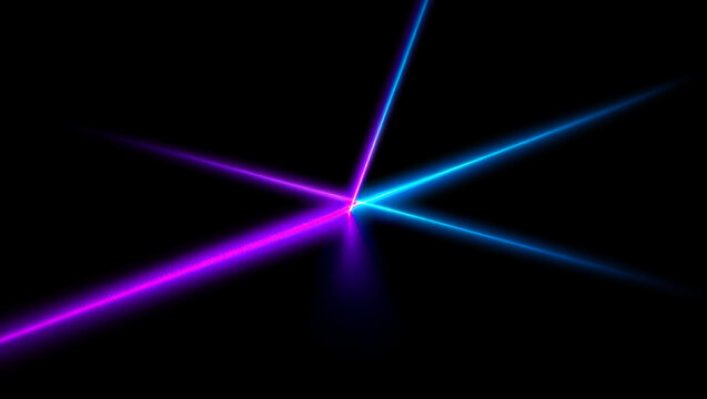 Photo of vibrant neon laser beams in electric blue and magenta intersect against a stark black background, creating a futuristic and energetic abstract