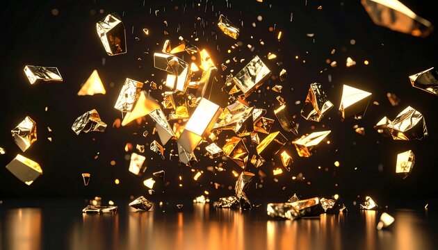 Golden Geometric Shapes Exploding with Light on Dark Background - Powered by Adobe