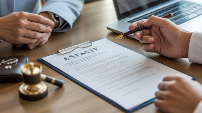 Estate planning discussion between lawyer and client, reviewing legal documents with gavel