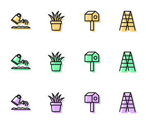 Set line Bird house, Watering can, Plant pot and Wooden staircase icon. Vector