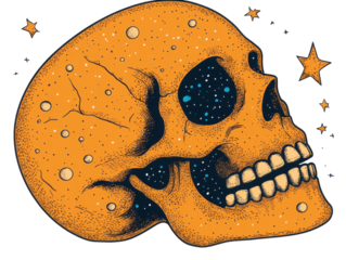 A Vivid Orange Skull Against a Cosmic Background Filled with Stars and Celestial Elements,  Merging Themes of Life, Death, and the Universe on transparent background