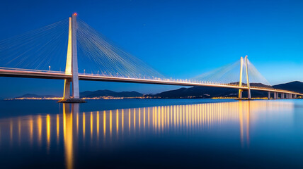 Long exposure highway bridge night, illuminated cable stayed structure over calm water reflection