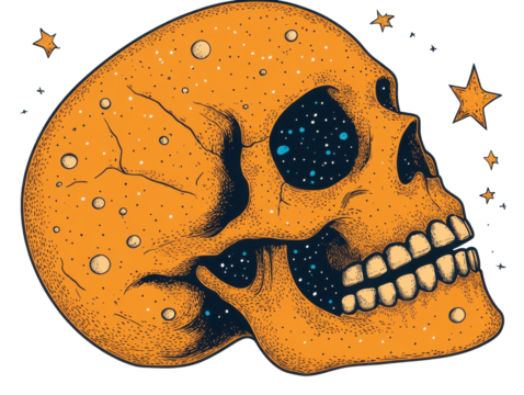 A Vivid Orange Skull Against a Cosmic Background Filled with Stars and Celestial Elements,  Merging Themes of Life, Death, and the Universe on transparent background