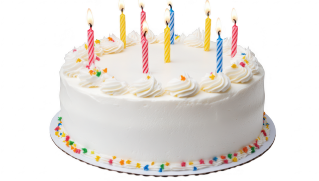 A beautifully decorated birthday cake with colorful frosting. topped with lit candles. set against a plain white background. perfect for celebration and party-themed events