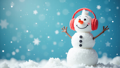 Funny snowman wearing headphones snowfall copy space