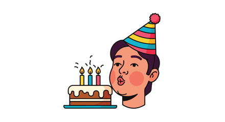 Whimsical birthday celebration: A charming illustration of a boy blowing out birthday candles, filled with joy and festivity