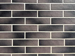 Close-up of a brick wall with gray and black bricks and white grout lines.