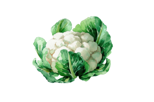 Whole Cauliflower with Leaves Hand Drawn Watercolor Isolated Food Illustration