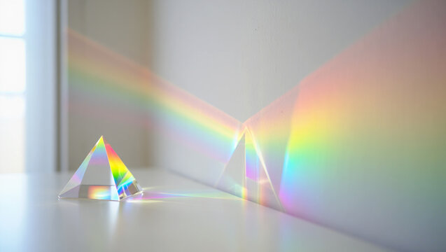 Photo of a prism refracts white light into a vibrant rainbow spectrum on a white surface