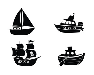 Collection of four stylized black silhouette illustrations of different types of boats including a sailboat a tugboat a pirate ship and a rowboat