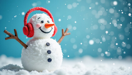 Funny snowman wearing headphones snowfall copy space