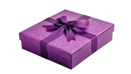 A beautifully wrapped purple gift box adorned with a satin ribbon. placed on a clean. white background. perfect for celebrations and special occasions