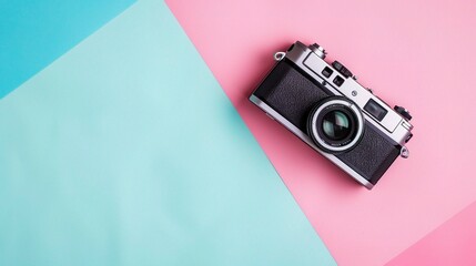 Minimalist Photography Idea: A Vintage Film Camera in a Stylish Flat Lay on a Pastel Background