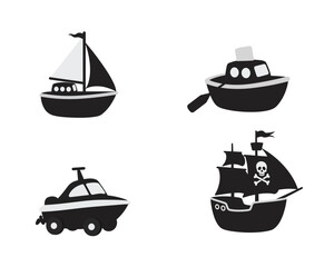 Collection of four whimsical silhouette illustrations of various boats including a sailboat tugboat and pirate ship