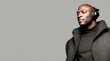 Stylish Black Man Wearing Headphones Standing Against Gray Background