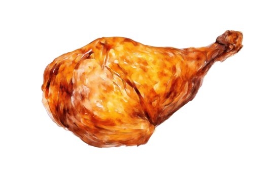 Roasted Chicken Leg Quarter Hand Drawn Watercolor Isolated Food Illustration