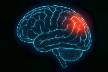 Fototapeta premium Glowing human brain with highlighted red area on black background