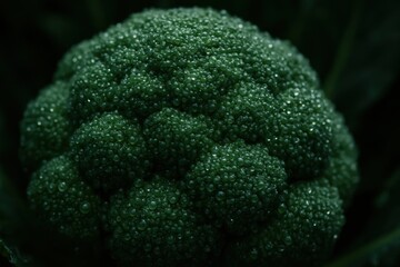 Close up view of fresh green broccoli with water droplets dark background healthy eating concept