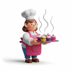Smiling female chef holding freshly baked cupcakes with colorful frosting