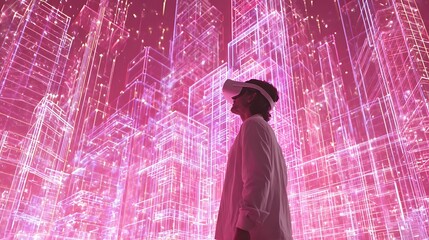 Woman Wearing Virtual Reality Headset Surrounded by Bright Neon Pink Digital Cityscape