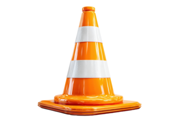 Bright Orange Traffic Cone with Reflective Stripes on a Dark Background, Symbolizing Road Safety and Construction Zones on transparent background